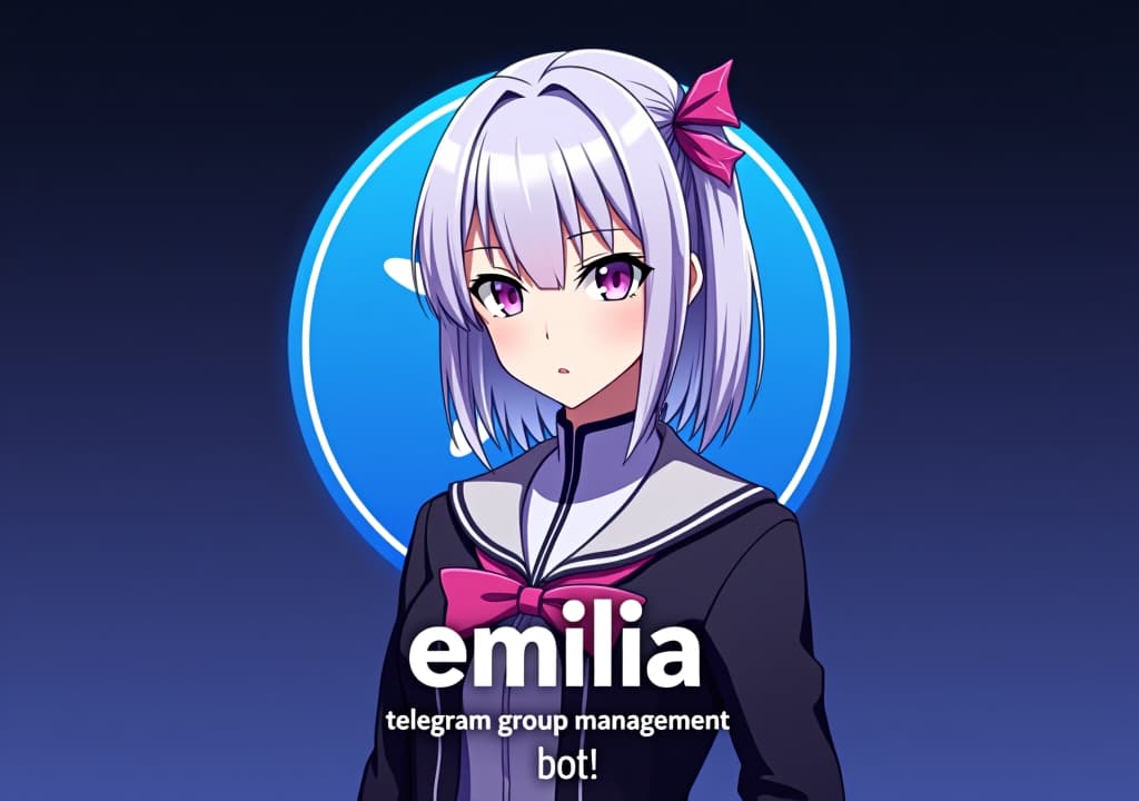  good quality, high quality, a poster style profile picture for a telegram group management bot featuring emilia from re:zero. emilia is depicted with her silver hair and purple eyes, standing confidently with a stylized telegram icon behind her. the background blends telegram’s blue gradient with subtle purple hues. the text "emilia no.1 telegram group management bot" in anime sytle font is prominently displayed at the bottom in bold, modern font, with a small tag underneath, creating a sleek and professional look.