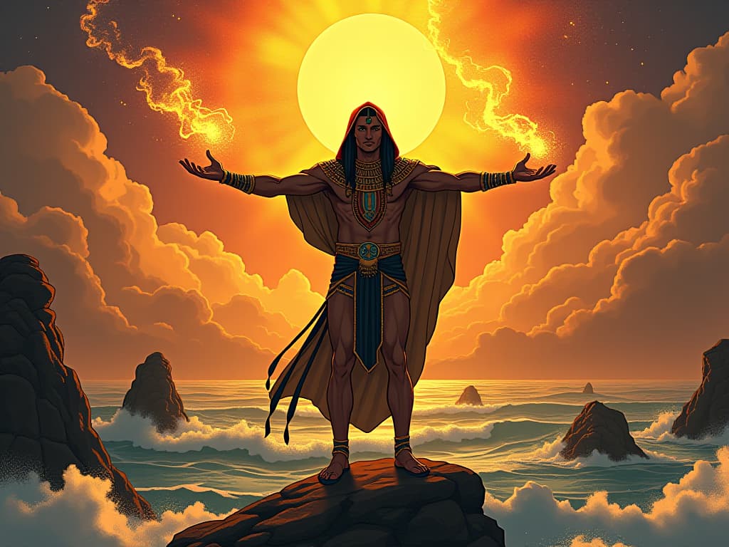  maui, empowered, harnessing divine forces, landscapes changing as he manipulates the sun, mythic proportions, scene of altered reality. the style is digital art illustration / modern comic book / mysterious occult, symbolic, esoteric vibe,high detail on character design, incorporating ancient egyptian symbology and attire.