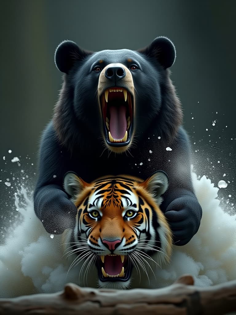  black bear falls, tiger wins photo realistic, highly intricate and detailed, masterpiece, ultra high res,photography,8k resolution