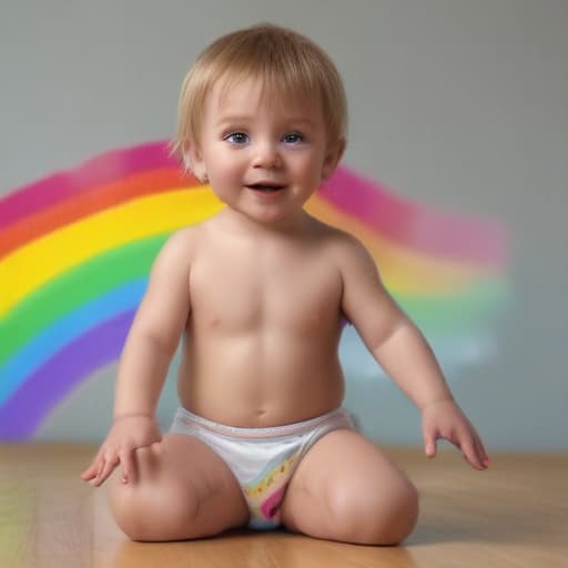  boy is showing his rainbow diaper , rainbow diaper , 3d , raindbow eyes , , looking at straight camera