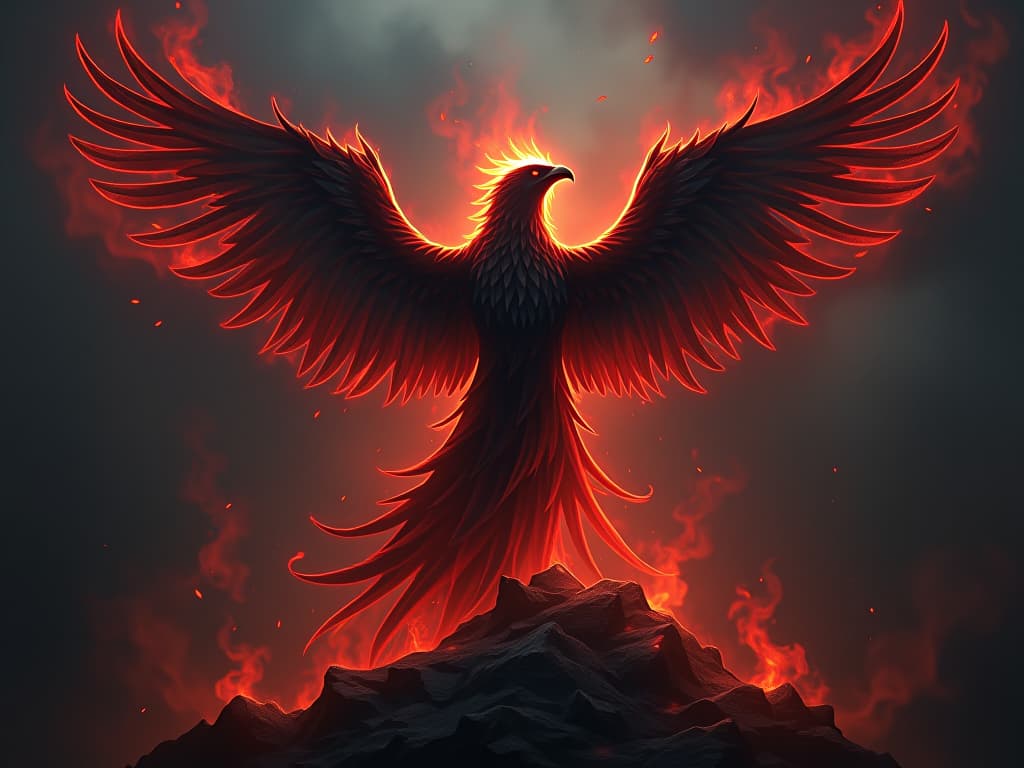  a phoenix rising from ashes, flames bright, sense of rebirth, renewal.. the style is dark fantasy and mysterious occult, symbolic, moody lighting, esoteric vibe,high detail on character design. for the color scheme emphasize blacks and reds.