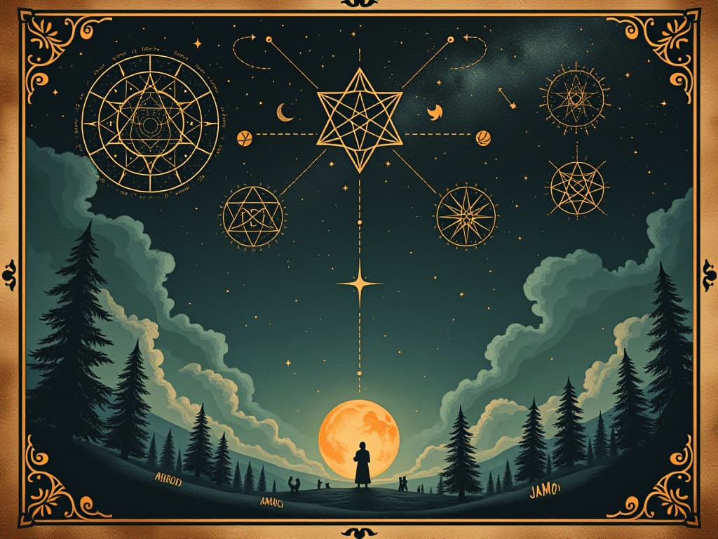  celestial signs in the night sky, constellations forming ancient symbols, guiding, protective. an illustration in the style of a worn, mystical old tarot trump card, mysterious and elements of surrealism. the colors are muted, somber and eerie, but with contrast bring out an occult and esoteric vibe.