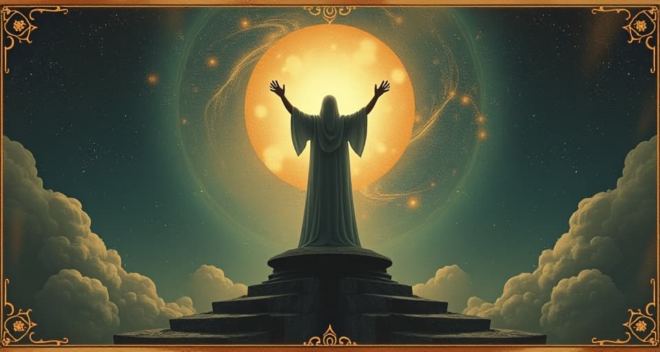  a figure standing on a cosmic platform, arms raised, merging with universal energy, divine co creator, empowerment. an illustration in the style of a worn, mystical old tarot trump card, mysterious and elements of surrealism. the colors are muted, somber and eerie, but with contrast bring out an occult and esoteric vibe.