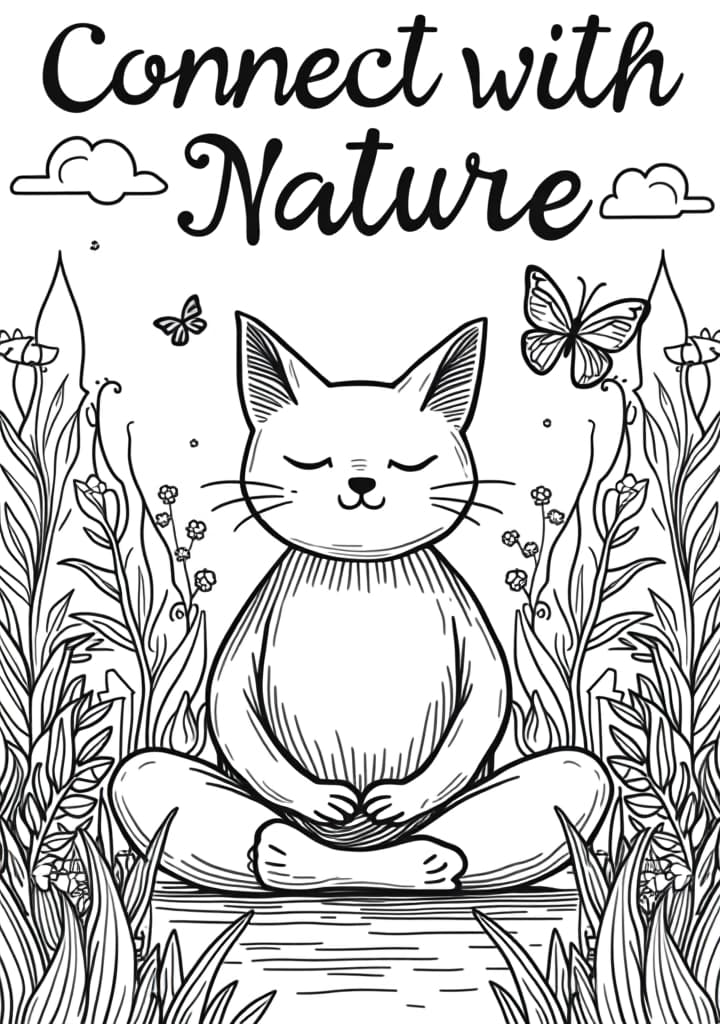  you're a coloring book bot. your job is to make delightful elementary appropriate coloring book pages. a coloring book page is as follows: black and white outlines, low complexity. very simplistic, easy for s to color in. always appropriate, whimsical themes, white background, (no colour)++, (no shading)++, black lines, a cat meditating surrounded by nature with connect with nature. the cat is sitting in a clic meditation pose with closed eyes, surrounded by simple trees, flowers, and erflies. the message connect with nature is written in a calming, easy to read font above the scene. the image should be a high contrast, black and white line drawing on a blank white background, with no shadows or borders, and sho hyperrealistic, full body, detailed clothing, highly detailed, cinematic lighting, stunningly beautiful, intricate, sharp focus, f/1. 8, 85mm, (centered image composition), (professionally color graded), ((bright soft diffused light)), volumetric fog, trending on instagram, trending on tumblr, HDR 4K, 8K