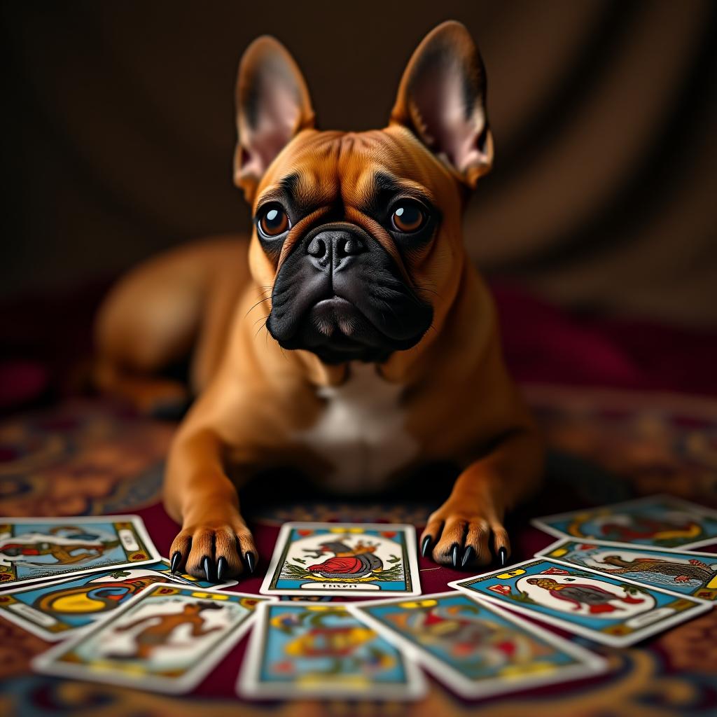  a red french bulldog lays out tarot cards.