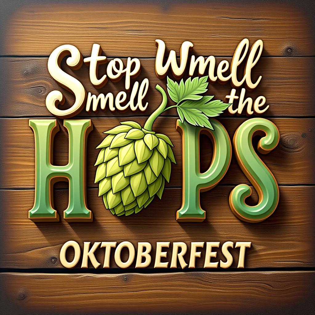  cheerful 'stop and smell the hops.' in wavy font with hop flower and rustic textures. place the word oktoberfest at the bottom of the image