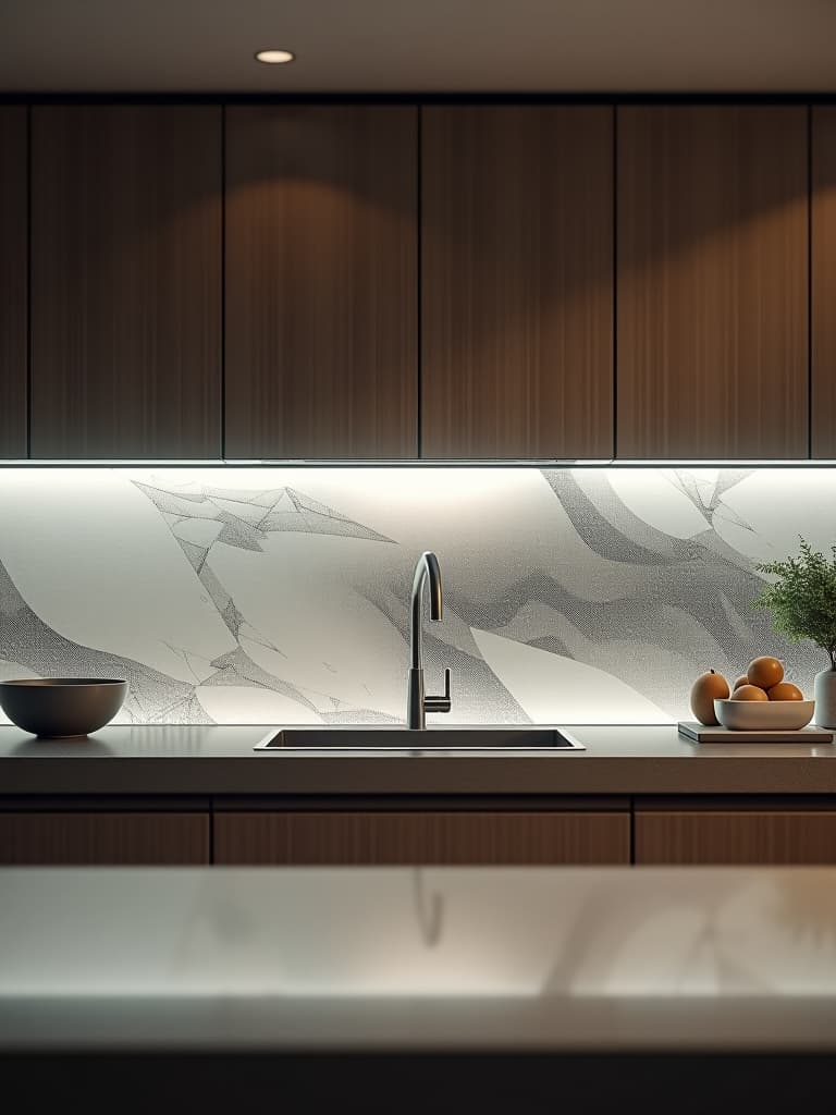  high quality portrait photo of a contemporary kitchen showcasing a sleek, tempered glass backsplash with a printed geometric pattern, highlighting its easy installation process hyperrealistic, full body, detailed clothing, highly detailed, cinematic lighting, stunningly beautiful, intricate, sharp focus, f/1. 8, 85mm, (centered image composition), (professionally color graded), ((bright soft diffused light)), volumetric fog, trending on instagram, trending on tumblr, HDR 4K, 8K