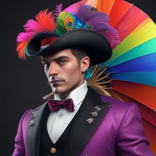 Rainbow man in drag cowboy top hat and headdress tuxedo with spur whore Elizabethan collar wand parasol peacock dress, ultra realistic, 3d, digital art, artstation, octane render, dynamic, high qualitydetailed, intricate, full of colour