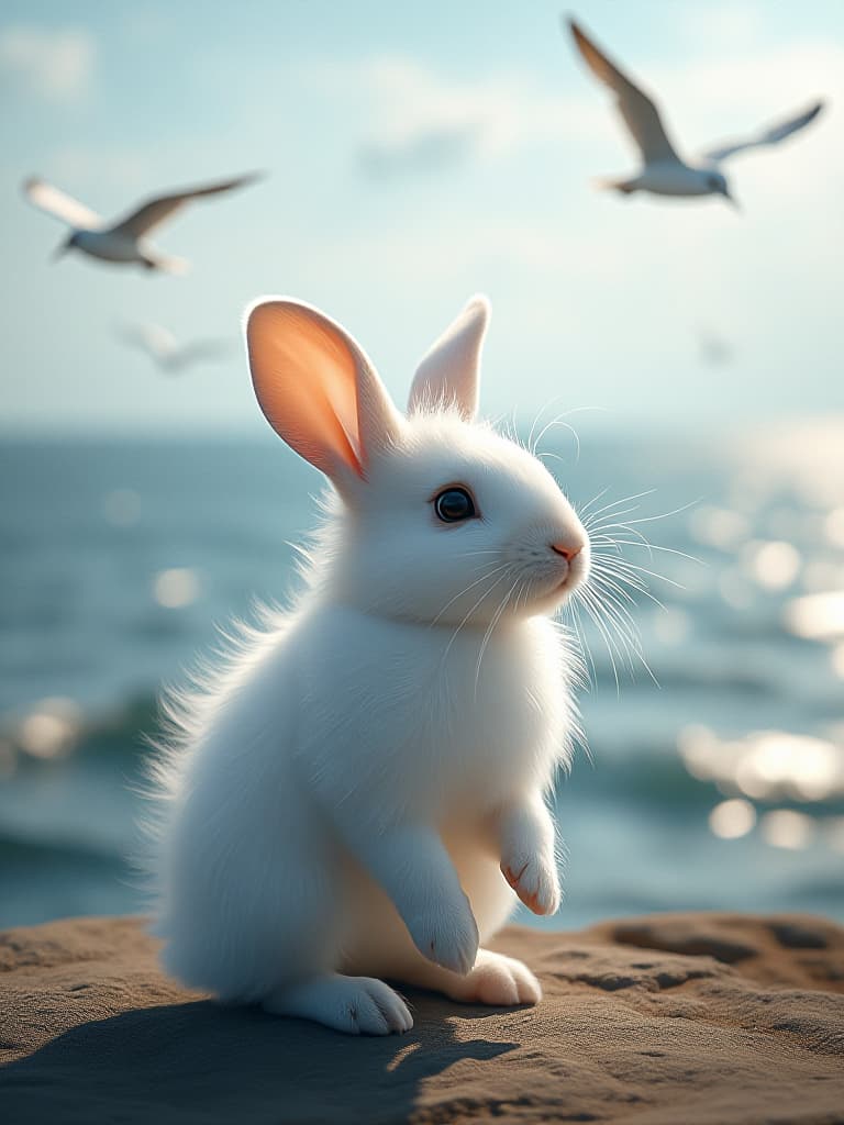  the little white rabbits were standing on an open coastline, facing the sea of light. its eyes were full of curiosity and consternation, and the sea wind blew its white hair. in the background, the distant sea level is integrated with the sky, and seabirds fly in the air, and the picture is full of exploration。