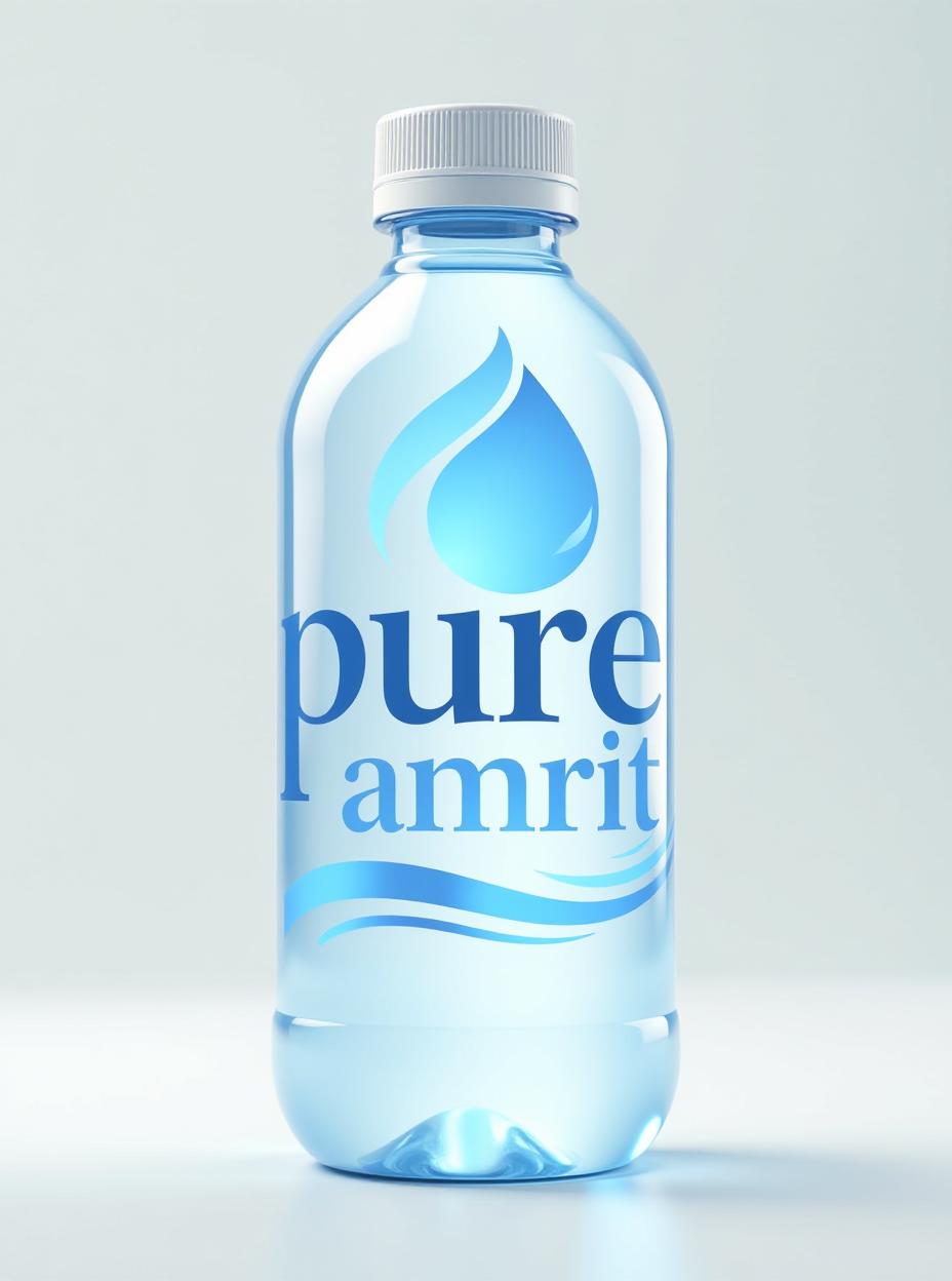  design a sleek, modern logo for "pure amrit" mineral water brand. incorporate a water droplet symbol with a soft blue and white color scheme to emphasize purity and freshness. the font should be elegant yet readable, with a slight wave pattern below the text to represent flowing water., high quality, high details, hd, perfect composition, 4k epic detailed, highly detailed, sharp focus, high resolution