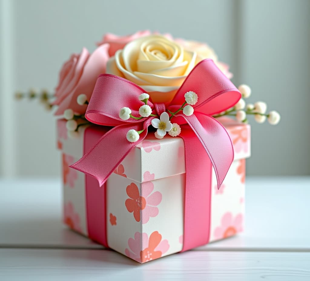  a gift box with a pink bow and flowers