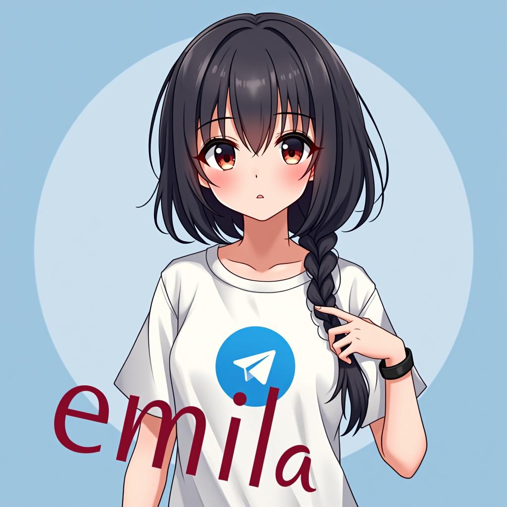  anime, emilia character girl in shirt, shirt in logo of telegram icon, indian sytle pose, text "emilia"