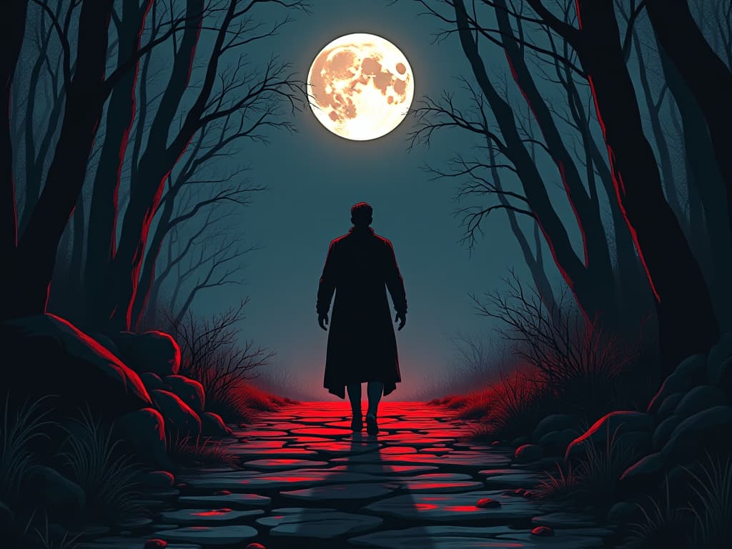  person walking in a moonlit path, trust and determination in their steps, symbolizing faith in the process. the style is digital art illustration / modern comic book / graphic dark novel fantasy and mysterious occult, symbolic, moody lighting, esoteric vibe,high detail on character design. for the color scheme emphasize blacks and reds.