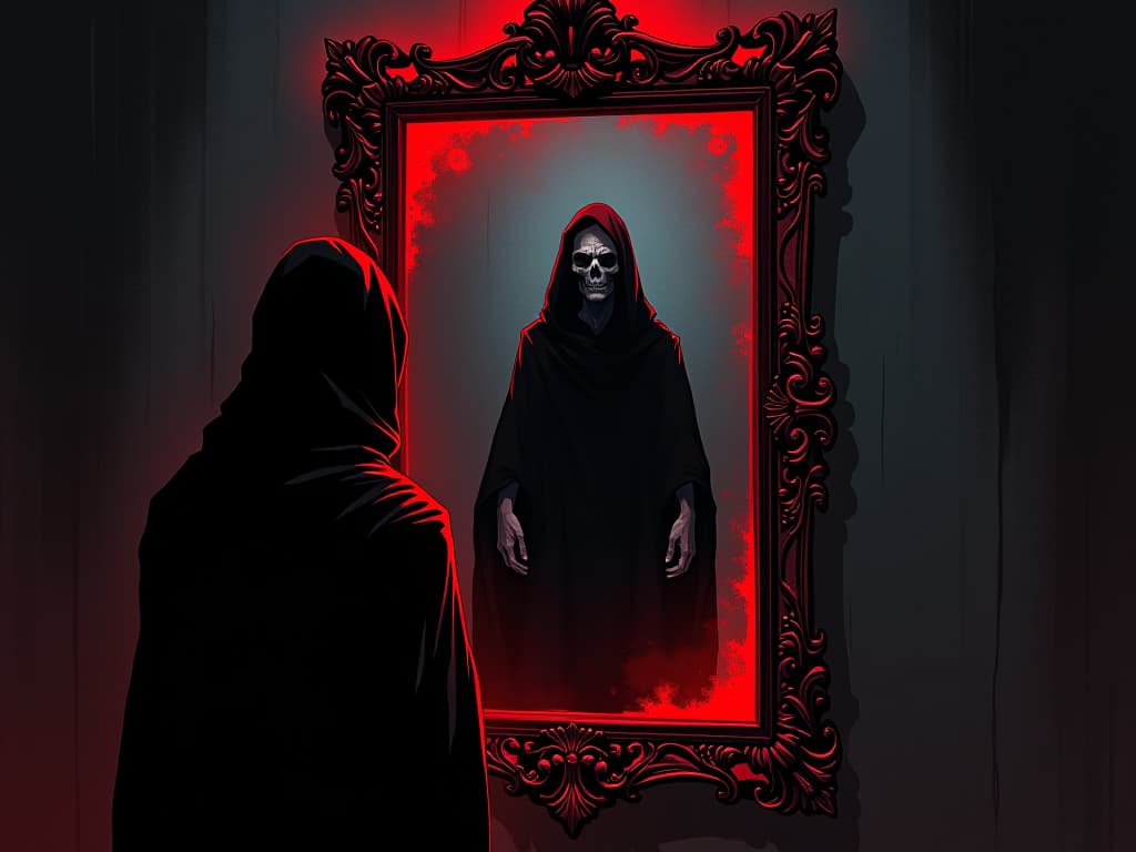  mirror with red frame, reflecting an eerie distorted image, darkened room, aura of discomfort and disturbance. the style is digital art illustration / modern comic book / graphic dark novel fantasy and mysterious occult, symbolic, moody lighting, esoteric vibe,high detail on character design. for the color scheme emphasize blacks and reds.