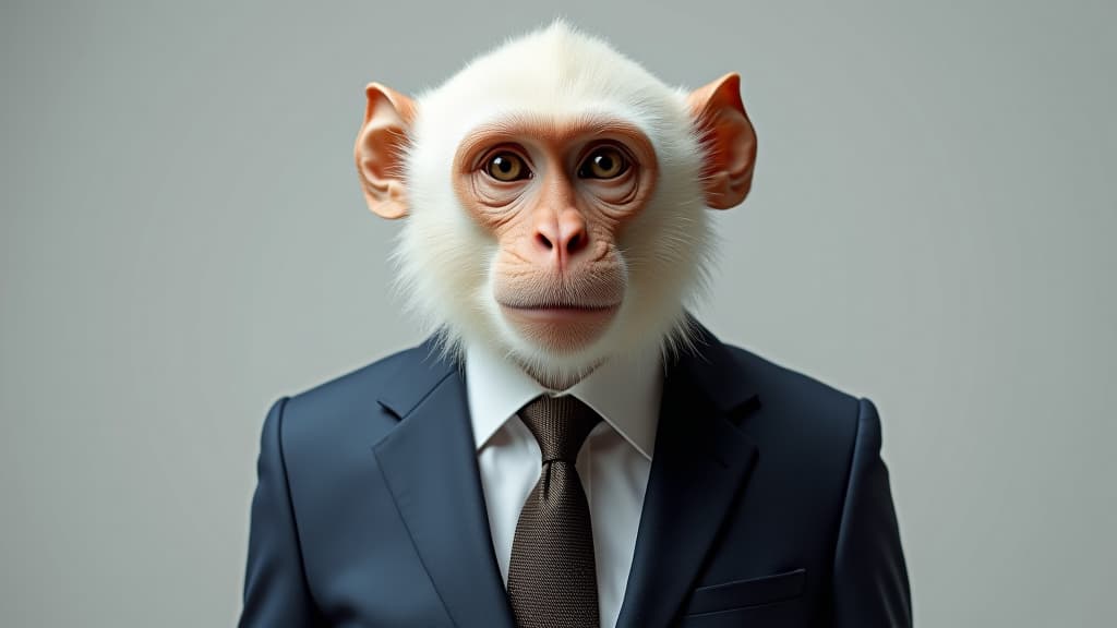  white monkey dressed in an elegant modern suit with a nice tie. fashion portrait of an anthropomorphic animal, shooted in a charismatic human attitude