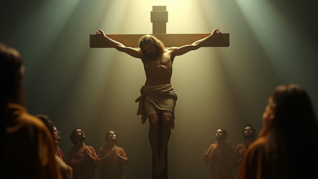  a dramatic visualization of the crucifixion of jesus, highlighting the emotional depth of the moment. hyperrealistic, full body, detailed clothing, highly detailed, cinematic lighting, stunningly beautiful, intricate, sharp focus, f/1. 8, 85mm, (centered image composition), (professionally color graded), ((bright soft diffused light)), volumetric fog, trending on instagram, trending on tumblr, HDR 4K, 8K