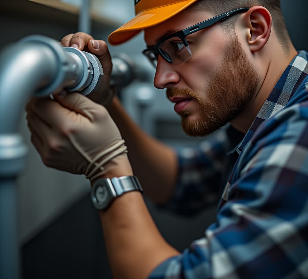  close up of a focused plumber working on pipes