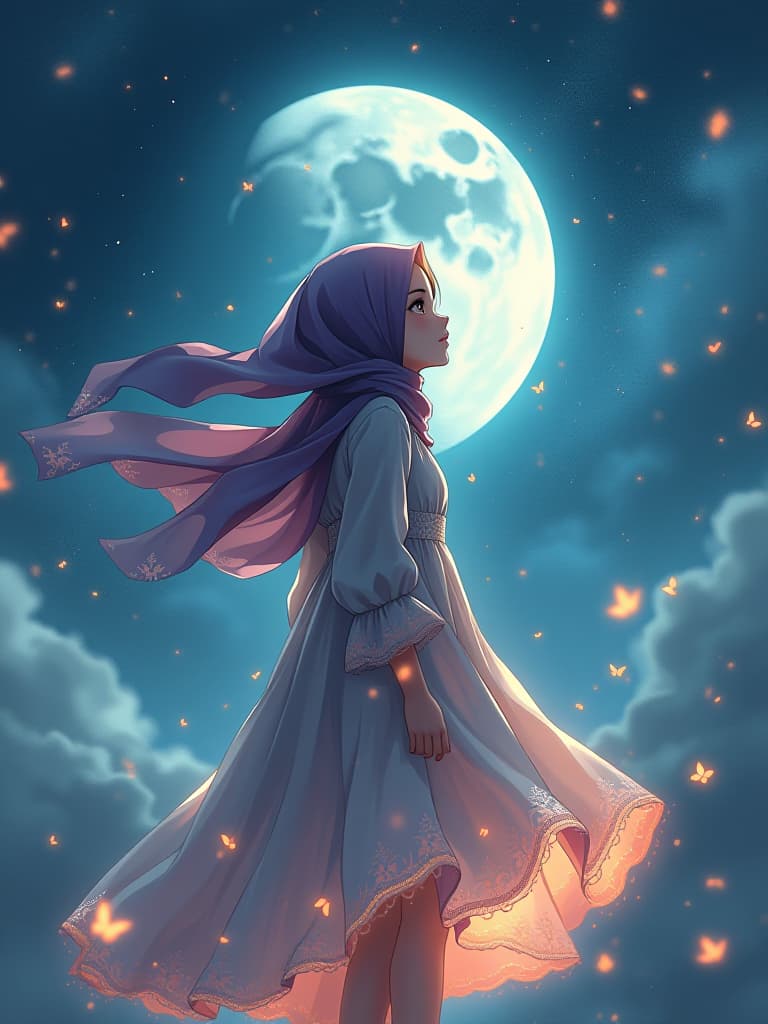  a portrait of a cute hijab girl, anime, luminous dress , wind, sky, clouds, the moon, moonlight, stars, universe, fireflies, butterflies, lights, lens flares effects, swirly bokeh, brush effect, concept art,in style of yoji shinkawa, jackson pollock, wojtek fus, by makoto shinkai, celestial, amazing, astonishing, wonderful, beautiful, highly detailed, centered firooze hyperrealistic, full body, detailed clothing, highly detailed, cinematic lighting, stunningly beautiful, intricate, sharp focus, f/1. 8, 85mm, (centered image composition), (professionally color graded), ((bright soft diffused light)), volumetric fog, trending on instagram, trending on tumblr, HDR 4K, 8K