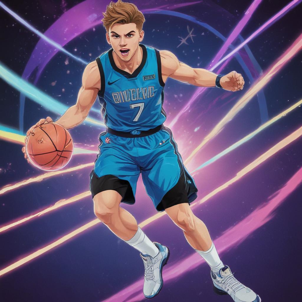 distance-shot, flashy, full-body, dynamic, holographic, animated cartoon poster of luka doncic in the style of dragon ball super