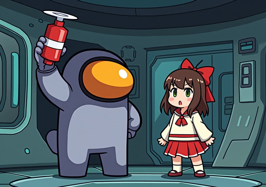  good quality, high quality, among us style character named 'sukuna' holding a bomb in one hand, standing beside a girl named 'roro.' sukuna has a menacing expression, and roro looks surprised. the scene is set in the typical among us spaceship environment, with vibrant colors and simple, cartoonish details.