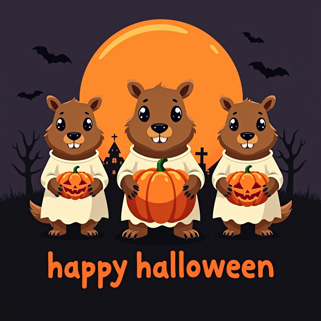  three capybaras wearing ghost shirts in a spooky halloween scene. each capybara has big black eyes. the middle capybara holds a large carved pumpkin, and the other two hold smaller carved pumpkins. the background features a large orange moon with black silhouettes of bats, haunted houses, and trees. below the capybaras, the word 'happy halloween' is written in a bold, stylized font. the overall style is fun and cartoonish with a glossy finish.