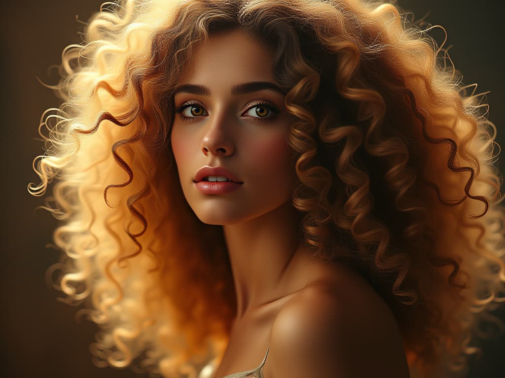  naturally beautiful ethereal devoted woman with dazzling curly hair, she is highly compasionate and conscious, leonardo da vinci style ambience and lighting