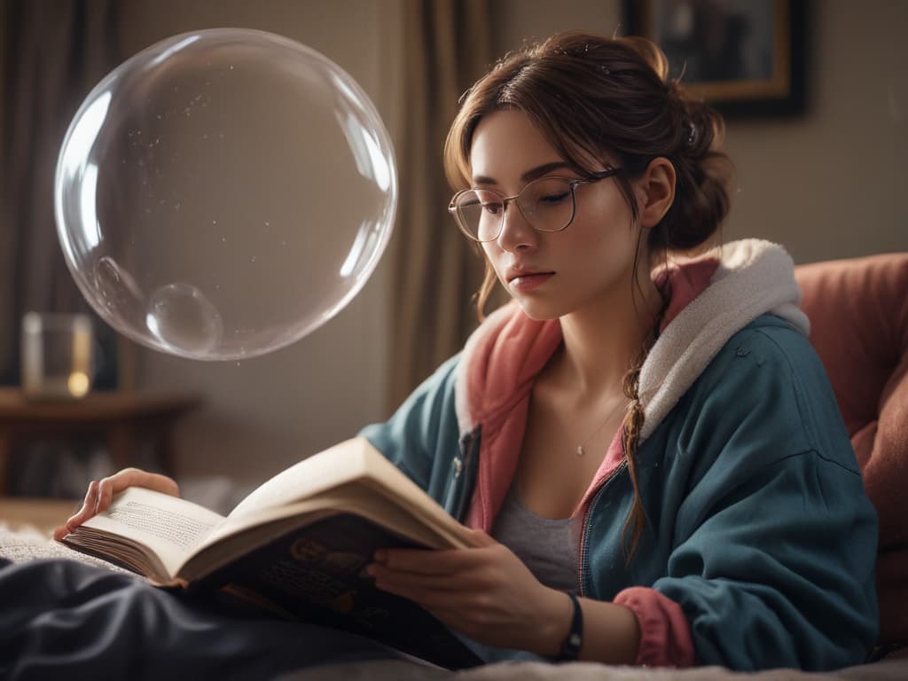 ultra realistic ((ultra realistic ((a enjoying a bubble or reading a book to relax)))) hyperrealistic, full body, detailed clothing, highly detailed, cinematic lighting, stunningly beautiful, intricate, sharp focus, f/1. 8, 85mm, (centered image composition), (professionally color graded), ((bright soft diffused light)), volumetric fog, trending on instagram, trending on tumblr, HDR 4K, 8K