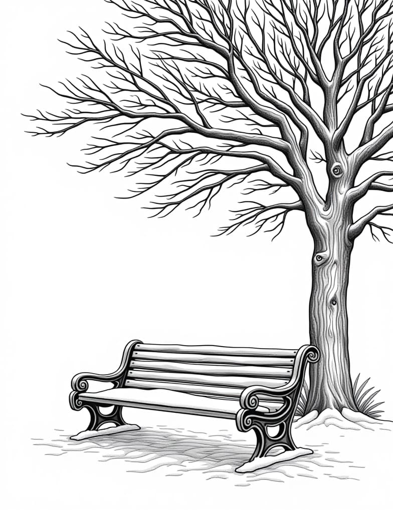  this is for an adult coloring page. a detailed black and white line art of a snowy snow covered park bench under a leafless tree on a solid white background.