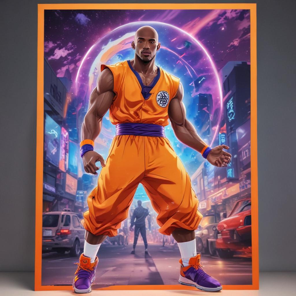 distance-shot, flashy, full-body, dynamic, holographic, animated cartoon poster of kobe scene in the style of dragon ball super