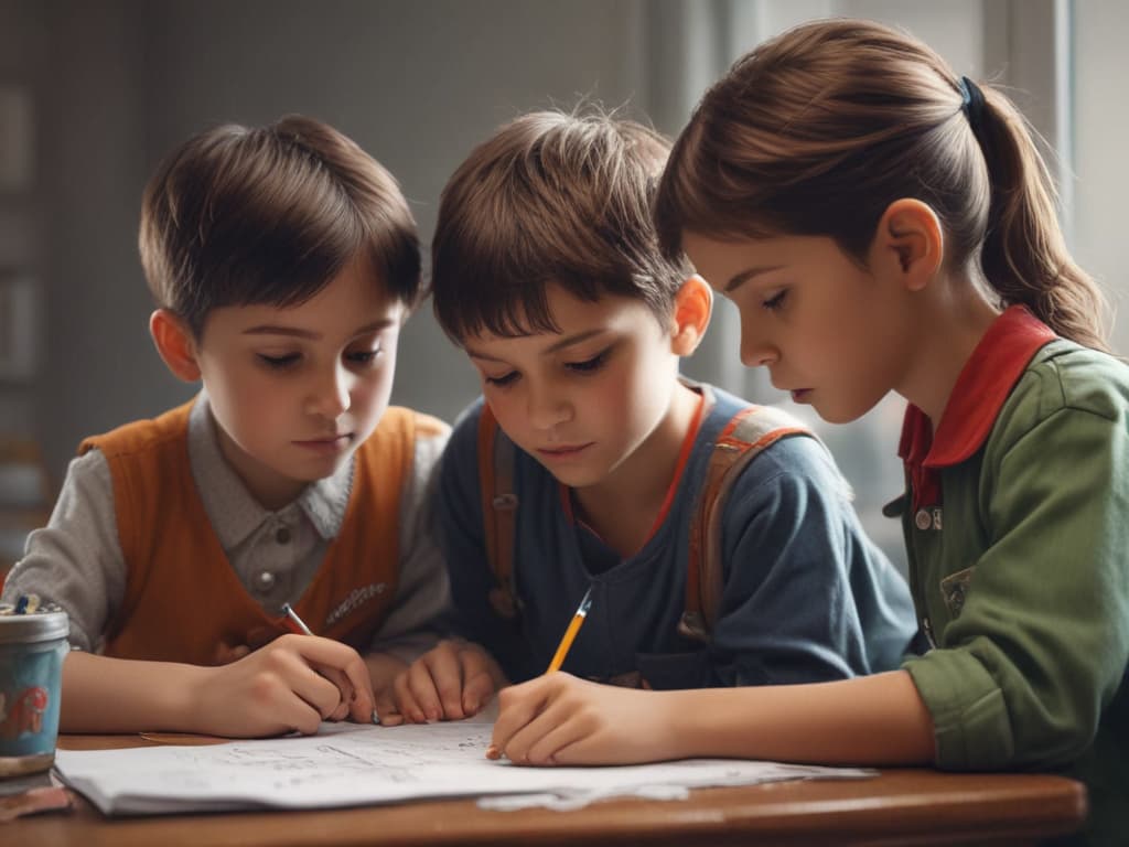 ultra realistic ((ultra realistic ((a child helping another child with homework)))) hyperrealistic, full body, detailed clothing, highly detailed, cinematic lighting, stunningly beautiful, intricate, sharp focus, f/1. 8, 85mm, (centered image composition), (professionally color graded), ((bright soft diffused light)), volumetric fog, trending on instagram, trending on tumblr, HDR 4K, 8K