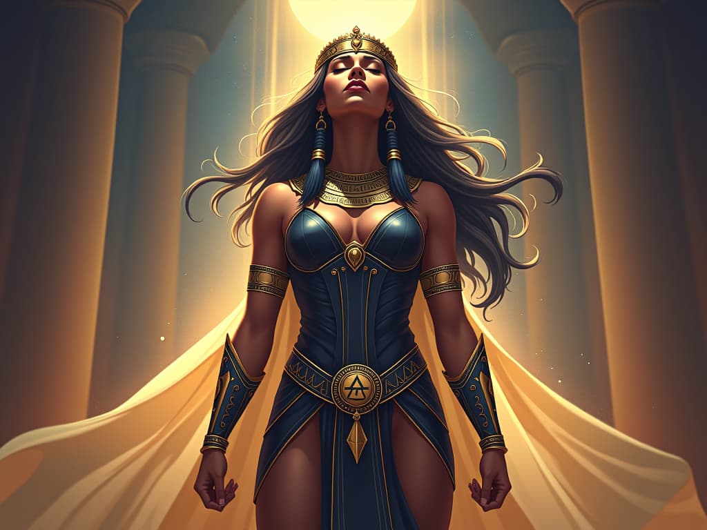  warrior queen in elegant, tight battle attire, eyes closed, standing strong amidst celestial light, visualizing success and fulfillment, sense of vivid emotions. the style is digital art illustration / modern comic book / mysterious occult, symbolic, esoteric vibe,high detail on character design, incorporating ancient egyptian symbology and attire.