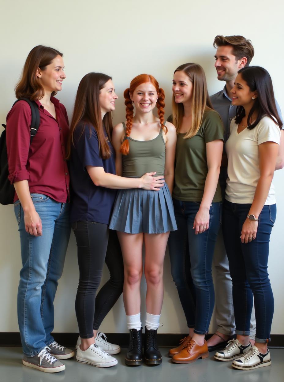  the year is 2012. a group of old students from a diverse background gather for a cl photo. they stand against a plain, white wall, their poses ranging from casual to . one student, a tall, full figured american girl with vint red hair and freckles, stands out. she's dressed in a tight tank top and a simple pleated mini, paired with black dr. martens boots and white over the knee socks that emphasize her long, toned legs. her hair is styled in twin tails, adding to her youthful appearance. next to her stands the shortest in the cl, his gaze fixed on her. she looks down at him with a gentle smile, creating a contrast between their heights. some clmates gaze up at the tall girl with admiration, while other