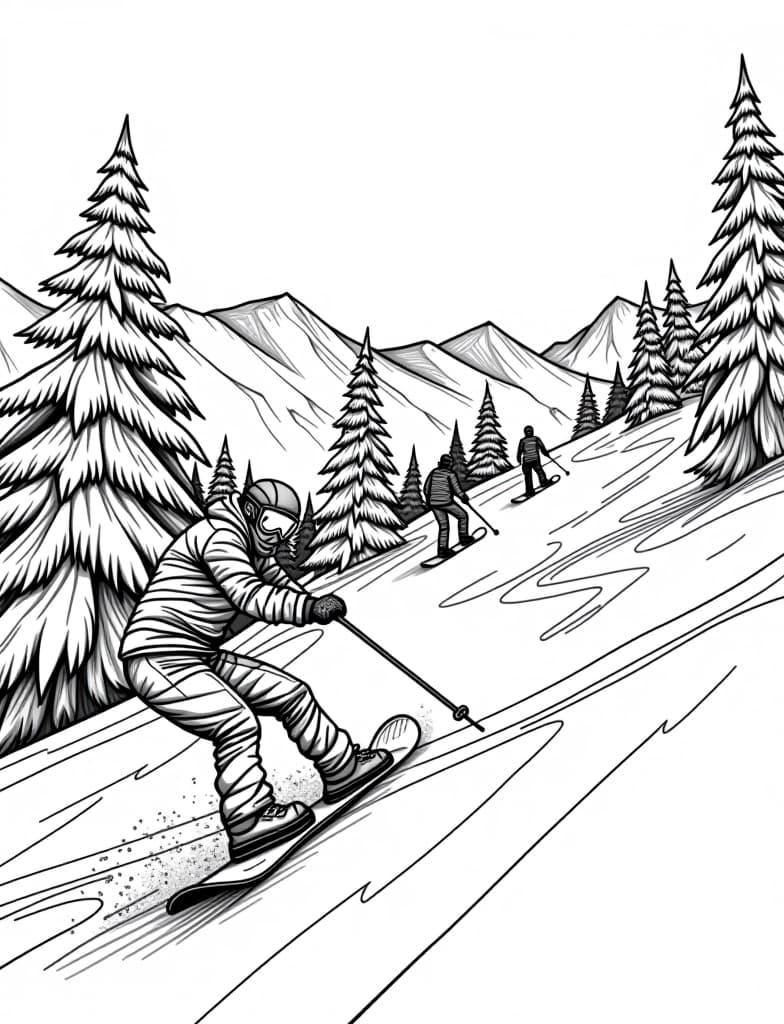  this is for an adult coloring page. a detailed black and white line art of a snowy winter sports scene with snowboarders on a snowy slope on a solid white background.