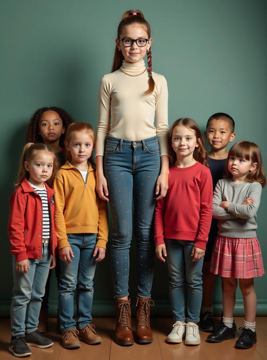  the annual second grade group photo at a swedish . a very tall figure dominates the frame, a first grade girl named ola. with freckles dusting her face, extremely long, toned legs and ponytail adorned with colorful ribbons, ola stands out amidst her clmates. her daring tight turtleneck with stylish patterned leggings, paired with chunky jewelry and very high heels, clashes with the casual uniforms of her rs. despite her young age, ola's height is astonishing; she almost reaches the ceiling, casting long shadows that envelop those around her. her clmates, a mix of scared s and girls, huddle together, fear etched on their faces. ola, relishing in her power, leans down, her imposing figure looming over them. she wr