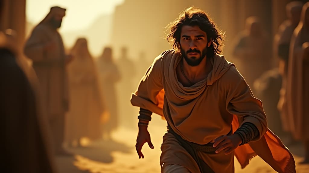  history of biblical times, labán, rebecca's brother, rushing towards the servant of abraham, a look of curiosity and intrigue on his face as he spots the gifts. hyperrealistic, full body, detailed clothing, highly detailed, cinematic lighting, stunningly beautiful, intricate, sharp focus, f/1. 8, 85mm, (centered image composition), (professionally color graded), ((bright soft diffused light)), volumetric fog, trending on instagram, trending on tumblr, HDR 4K, 8K