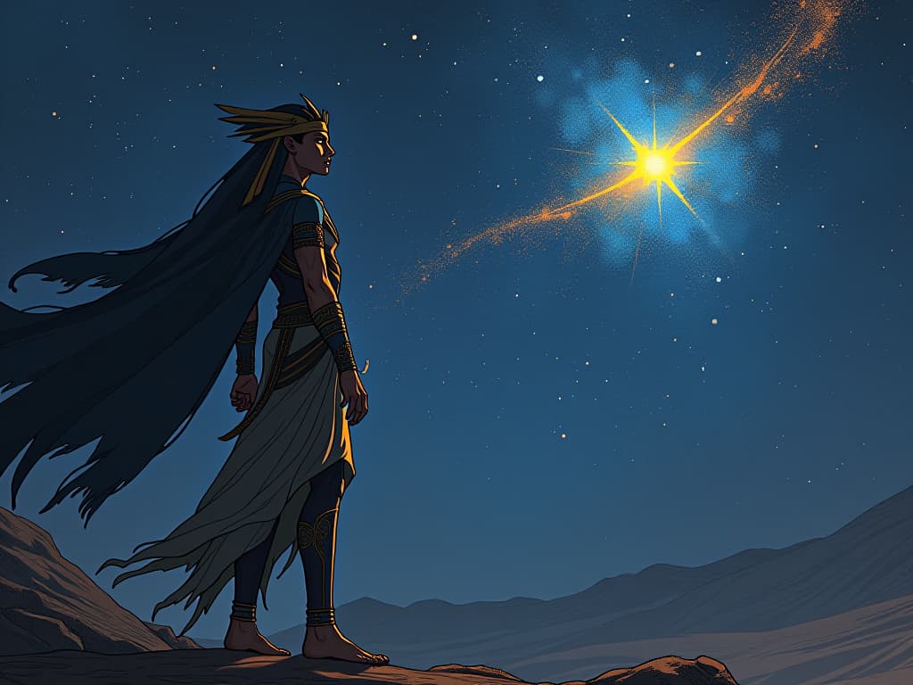  a blazing star in the night sky, trails of cosmic dust, atmosphere of individuality and uniqueness in the vast cosmos. the style is digital art illustration / modern comic book / mysterious occult, symbolic, esoteric vibe,high detail on character design, incorporating ancient egyptian symbology and attire.