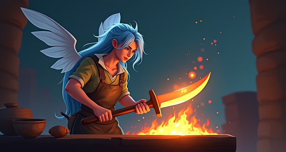  ethereal blacksmith in a luminous forge, hammering a glowing blade, sparks flying, focused expression, embodiment of resilience. the style is digital art illustration,highly detailed, whimsical,magical, dreamlike atmosphere, realism and fantasy blend, smooth, glossy textures,luminous quality, wonder and enchantment.