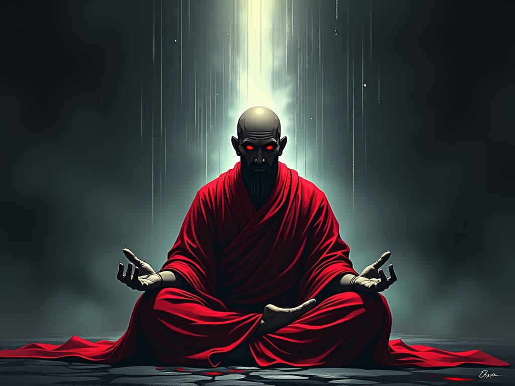  monk in red robes meditating, surrounded by ethereal light, serene expression, aura of enlightenment. the style is digital art illustration / modern comic book / graphic dark novel fantasy and mysterious occult, symbolic, moody lighting, esoteric vibe,high detail on character design. for the color scheme emphasize blacks and reds.