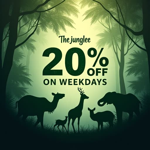  create a wildlife themed offer post for 'the junglee farm' with the following elements: main message: '20% off on weekdays' in bold, natural colored font (dark green or earthy brown). call to action: 'call 9785421314' prominently displayed below the offer. theme: incorporate elements of wildlife, such as silhouettes of animals (e.g., deer, elephants, birds), lush greenery, and natural textures like wood or leaves. logo style: use 'the junglee farm' logo at the top of the post. the logo features a bold, serif font with slightly curved edges, rendered in a deep green color with a subtle texture, giving it a natural, organic feel. the text has a slightly raised, embossed effect, emphasizing its prominence. surround the logo with jungle foli hyperrealistic, full body, detailed clothing, highly detailed, cinematic lighting, stunningly beautiful, intricate, sharp focus, f/1. 8, 85mm, (centered image composition), (professionally color graded), ((bright soft diffused light)), volumetric fog, trending on instagram, trending on tumblr, HDR 4K, 8K