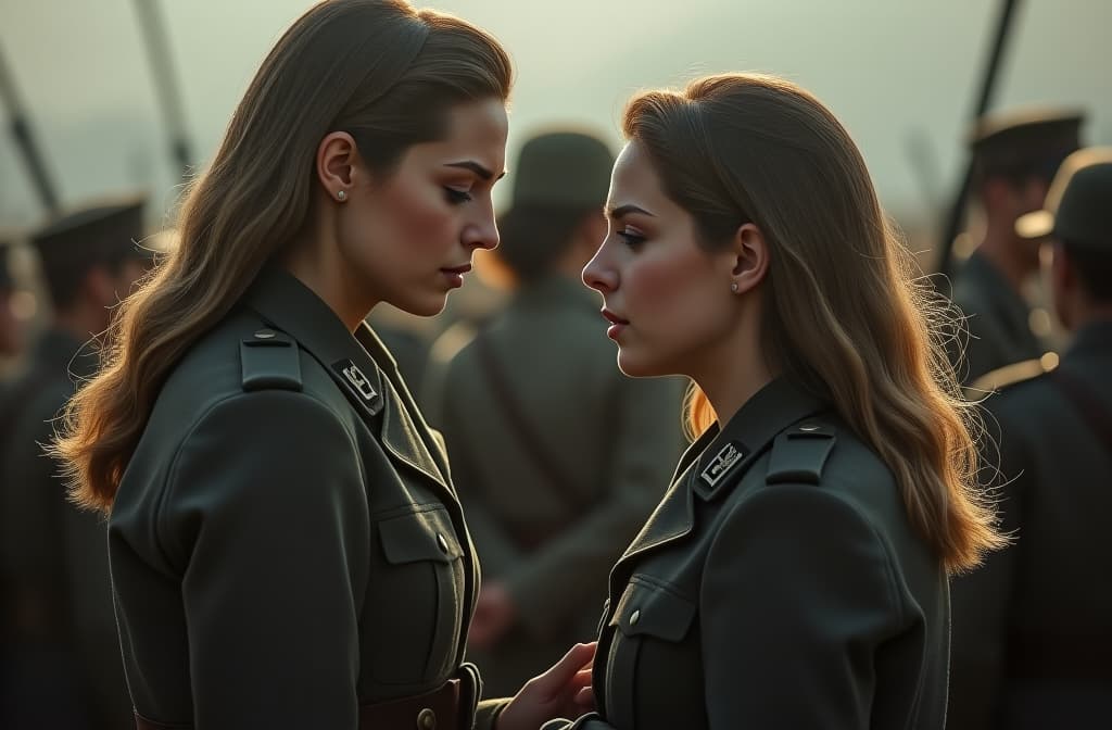  el amor se convierte en el arma más poderosa contra la crueldad nazi en una historia de coraje y esperanza. mujeres en medio de la guerra soldados nasi y las mujeres con ropa normal hyperrealistic, full body, detailed clothing, highly detailed, cinematic lighting, stunningly beautiful, intricate, sharp focus, f/1. 8, 85mm, (centered image composition), (professionally color graded), ((bright soft diffused light)), volumetric fog, trending on instagram, trending on tumblr, HDR 4K, 8K