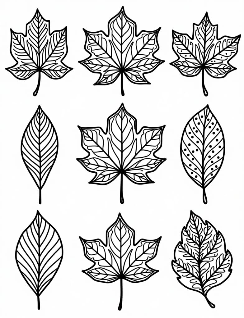  a collection of ornate autumn leaves each with unique patterns, black and white line art on a white background, for an adult coloring page.