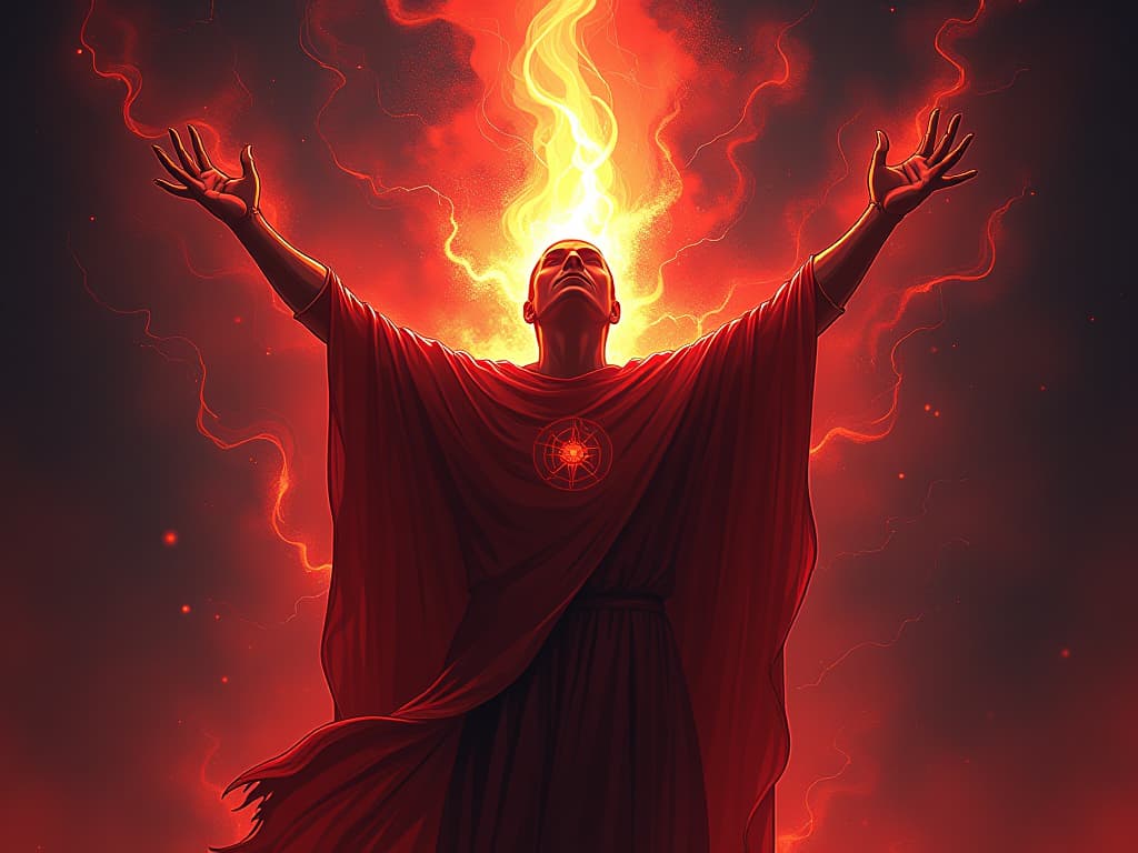  brightly glowing figure, arms raised, cosmic energy flowing into them, aura of celestial light and boundless potential. the style is digital art illustration / modern comic book / graphic dark novel fantasy and mysterious occult, symbolic, moody lighting, esoteric vibe,high detail on character design. for the color scheme emphasize blacks and reds.