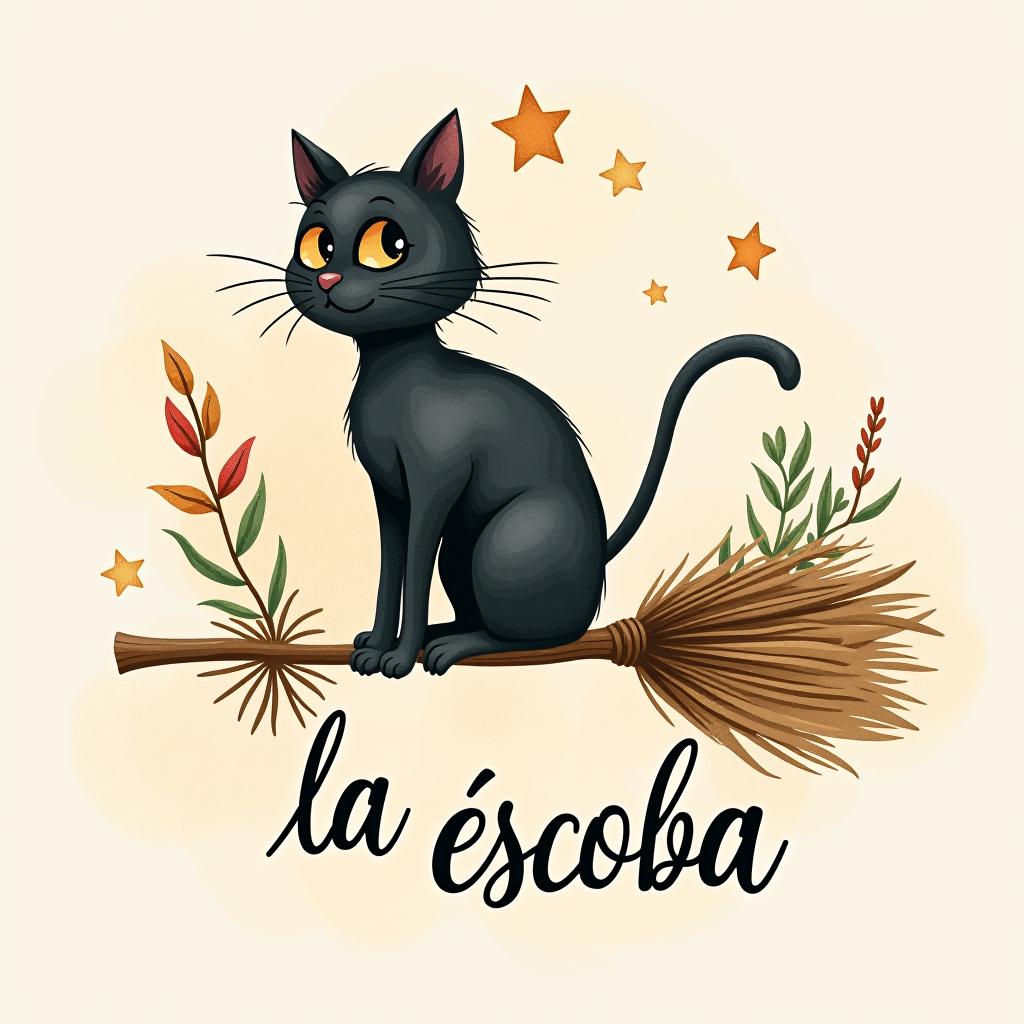  design a logo, in a watercolor style. witchy, black cat riding on a broom, dried herbs having off broom, cottage core aesthetic , with the text 'la escoba'.