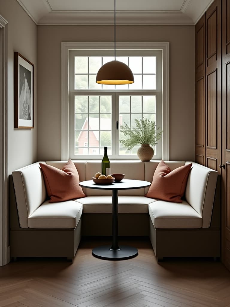  high quality portrait photo of a compact kitchen corner featuring a built in banquette with hidden storage, a small round table, and a statement pendant light overhead hyperrealistic, full body, detailed clothing, highly detailed, cinematic lighting, stunningly beautiful, intricate, sharp focus, f/1. 8, 85mm, (centered image composition), (professionally color graded), ((bright soft diffused light)), volumetric fog, trending on instagram, trending on tumblr, HDR 4K, 8K