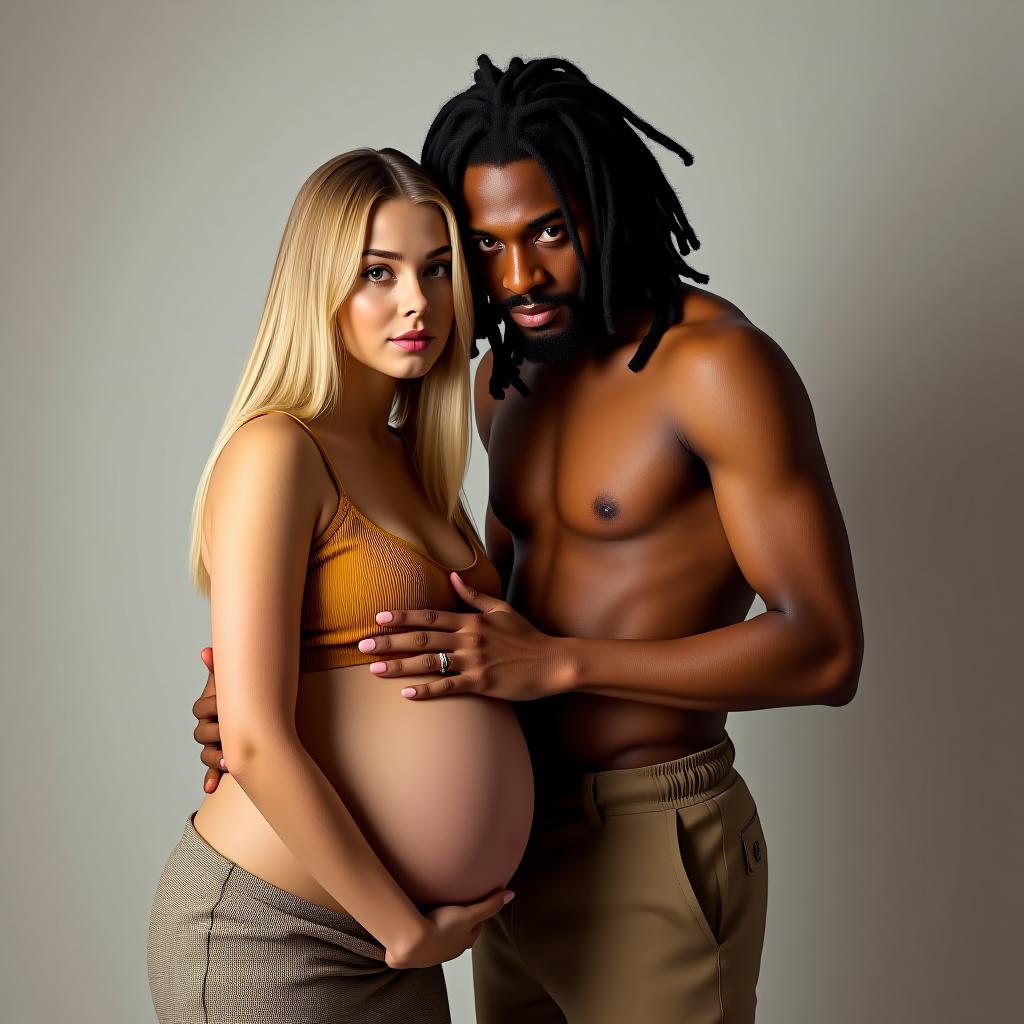  make an image of a blonde brown eyed woman who is pregnant with a tan man who has dreads up to his waist