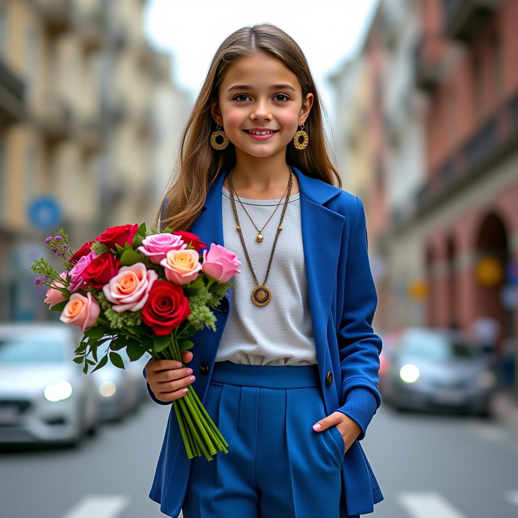  a girl in a blue pantsuit with national tatar accents. she is wearing a t shirt, trousers, and a cardigan. she has large gold earrings and is holding a bouquet of flowers. the city is surrounding her.