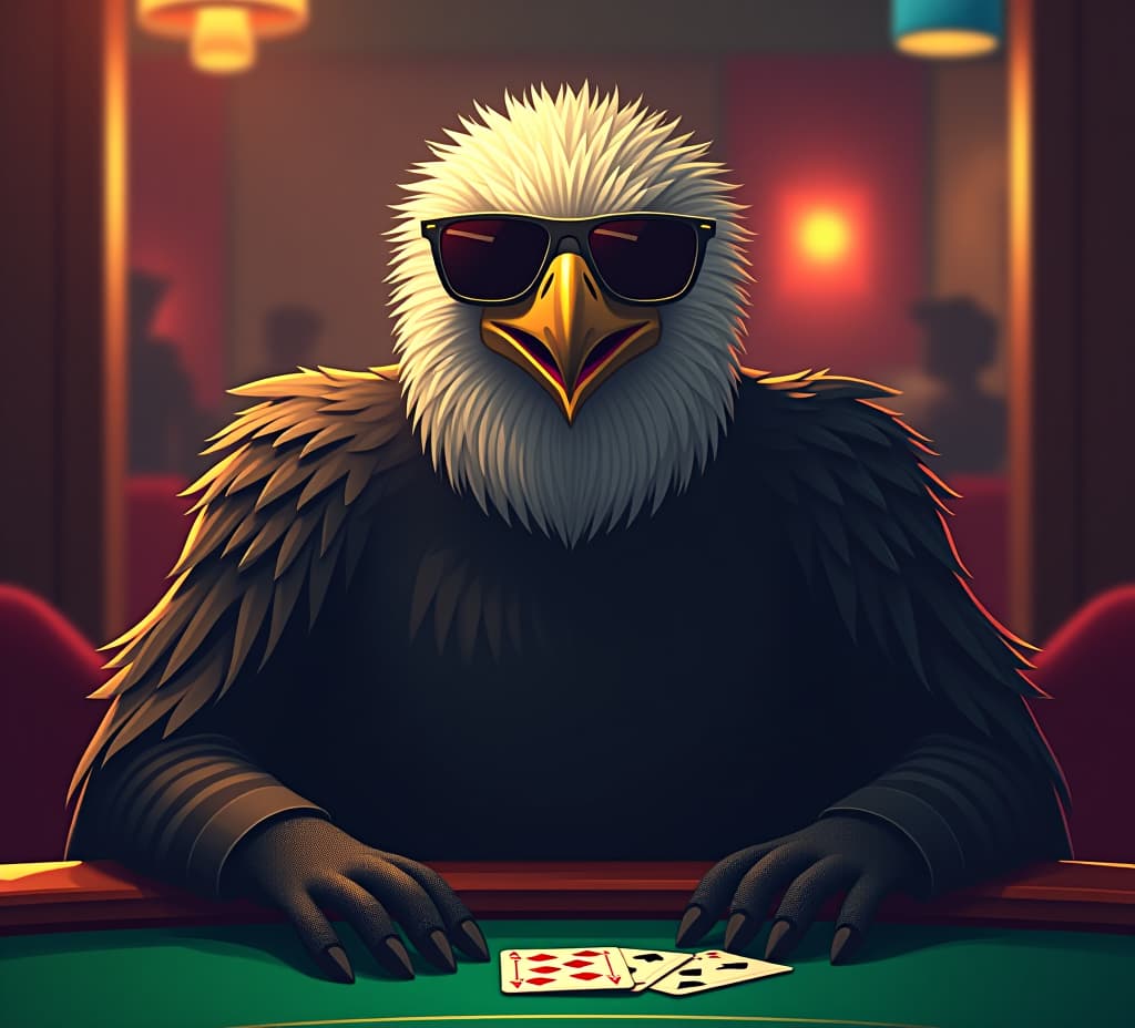  a vulture wearing sunglasses sits in a casino, ready to gamble