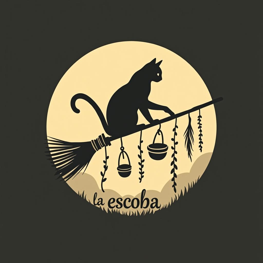  design a logo, in a minimalism style. witchy, moon, black cat silhouette riding on a broom, dried herbs hanging off broom, cottage core aesthetic, crystals,spells, with the text 'la escoba'.