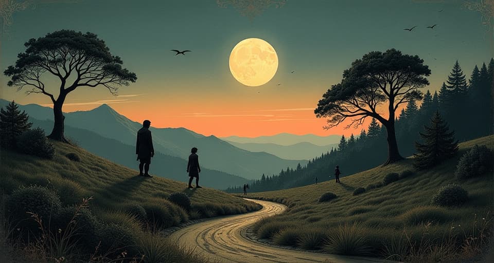  serene landscape under twilight sky, figures moving with grace, paths converging effortlessly, natural harmony, smooth flow, tranquil synchronization. an illustration in the style of a worn, mystical old tarot trump card, mysterious and elements of surrealism. the colors are muted, somber and eerie, but with contrast bring out an occult and esoteric vibe.