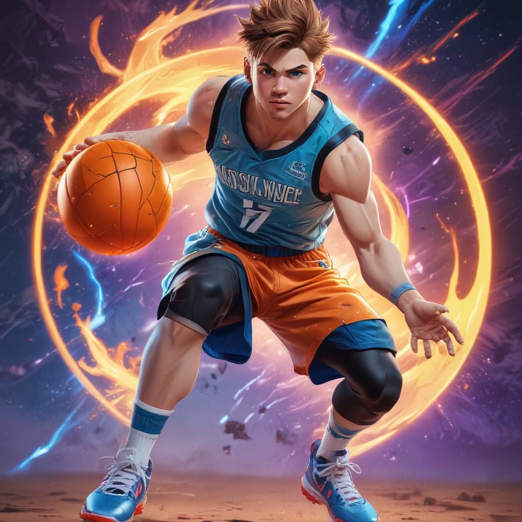 distance-shot, flashy, full-body, dynamic, holographic, animated cartoon poster of luka doncic in the style of dragon ball super